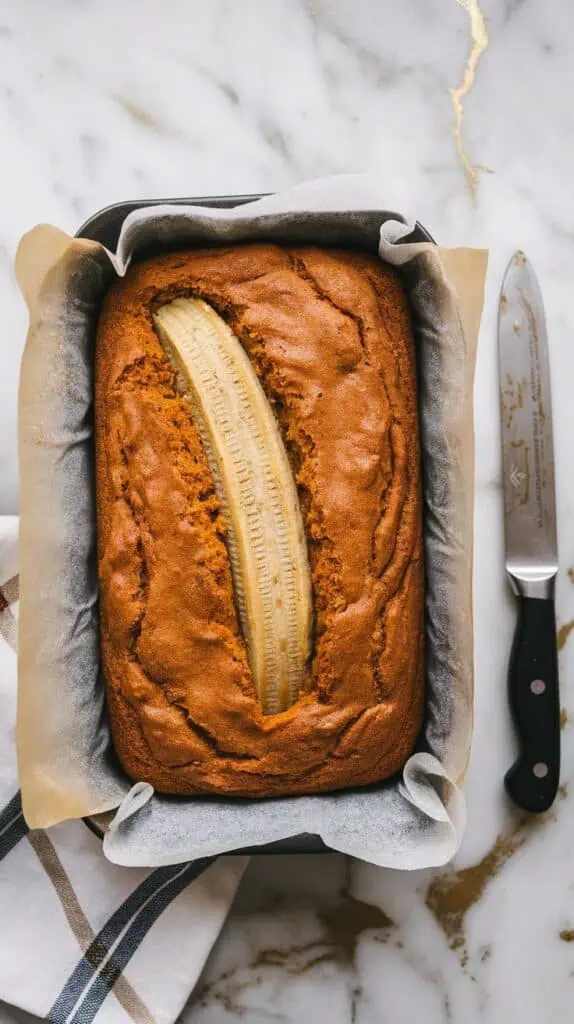 a baked pumpkin banana bread slab cooling in a parchment-lined pan, with a knife nearby
