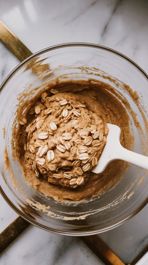 oat muffin batter being folded together with a spatula, thick with visible oats, in a glass bowl, on a white marble counter with hints of gold