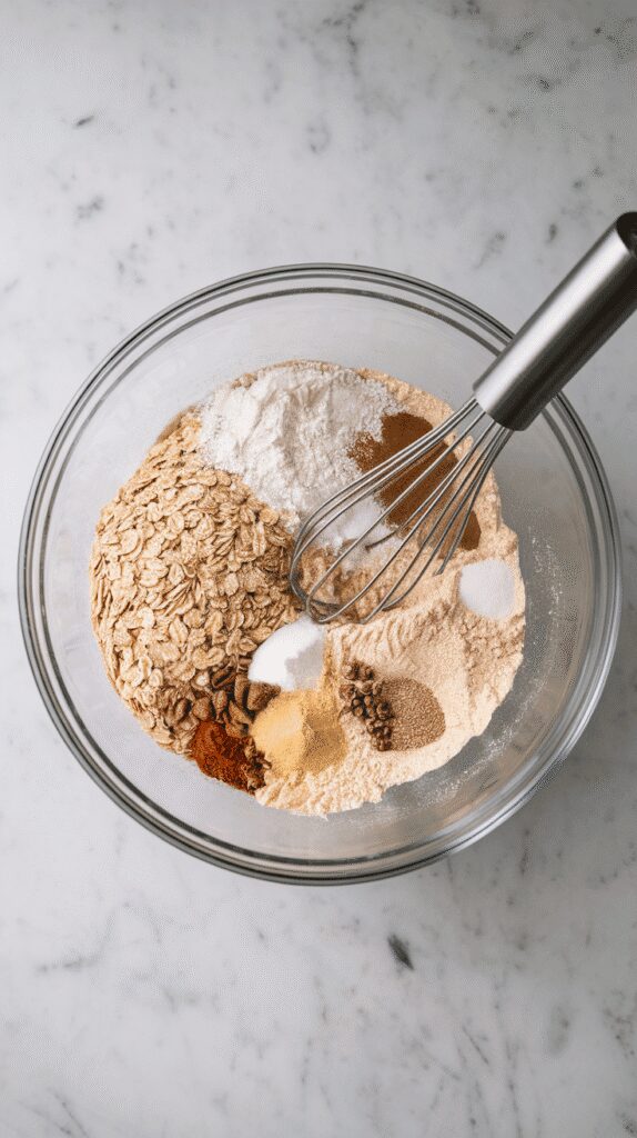 oats, flour, baking soda, baking powder, salt, cinnamon, nutmeg, and cloves being whisked together in a glass bowl, on a white marble counter with hints of gold