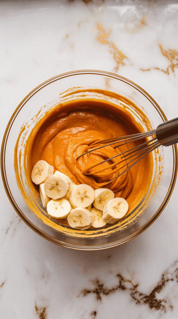 pumpkin puree, honey, melted coconut oil, eggs, and vanilla being whisked into the mashed bananas into a thick, orange mixture, in a glass mixing bowl, on a white marble counter with hints of gold