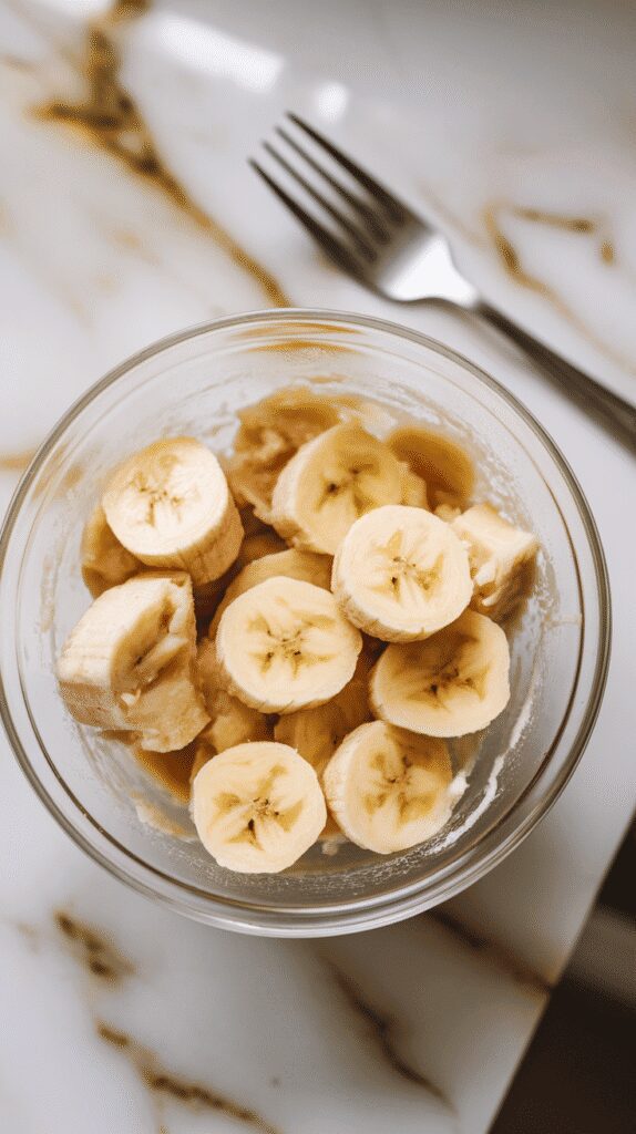  mashed ripe bananas in a glass mixing bowl, slightly chunky texture with a fork beside it, on a white marble counter with hints of gold
