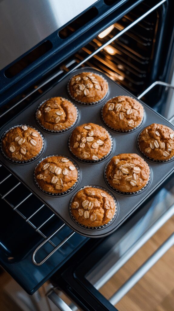  pumpkin banana oat muffins fresh out of the oven in a muffin tin, golden brown tops with oat flecks, on a modern stainless steel double oven