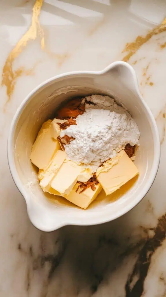 cream cheese, butter, powdered sugar, and vanilla extract in a white mixing bowl before mixing