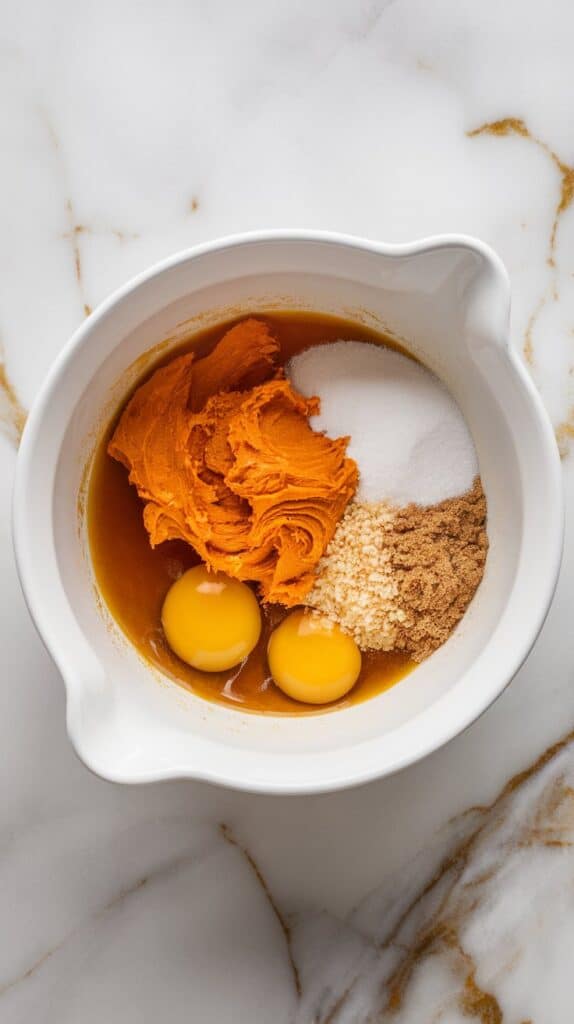  a white mixing bowl with pumpkin purée, vegetable oil, granulated sugar, brown sugar, cracked eggs, and vanilla extract before mixing