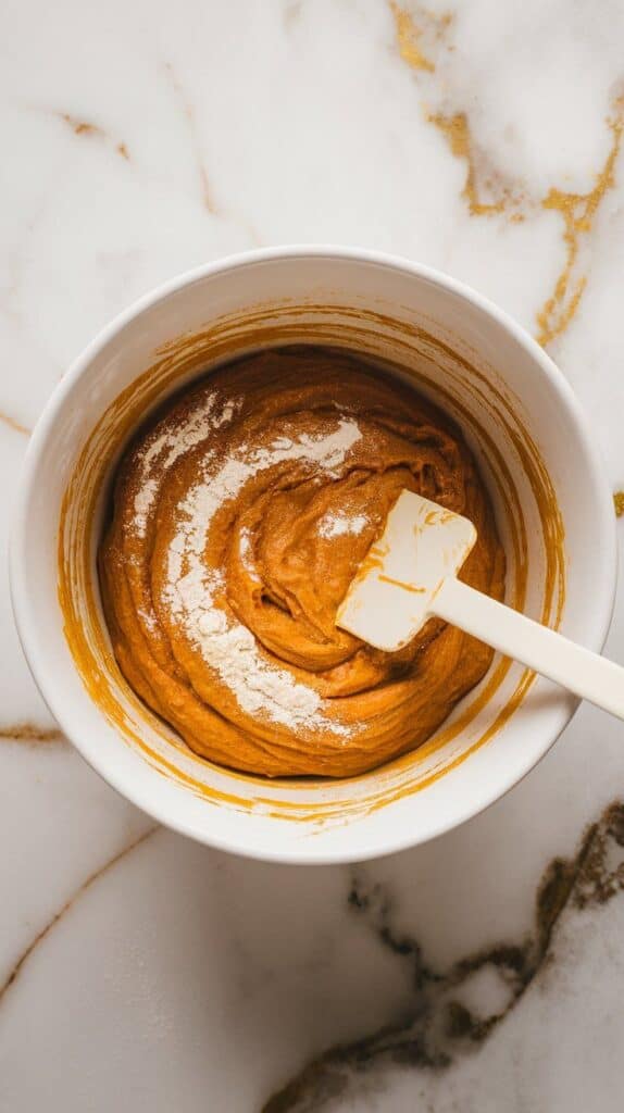 a white mixing bowl with pumpkin purée, vegetable oil, granulated sugar, brown sugar, cracked eggs, and vanilla extract before mixing