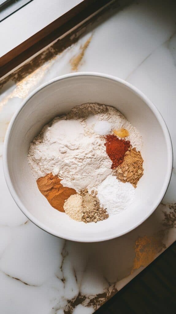 a large white mixing bowl containing flour, baking soda, baking powder, cinnamon, nutmeg, and salt, all in separate little piles before mixing