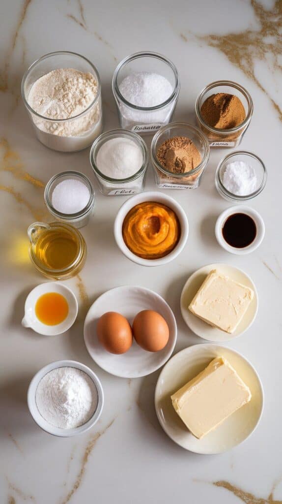 small glass jars filled with flour, granulated sugar, brown sugar, baking soda, baking powder, cinnamon, nutmeg, and salt, a small glass jar with vegetable oil, a small white bowl of pumpkin purée, a small white plate with two cracked eggs and a separate yolk, a small glass jar of vanilla extract, a small white plate with cream cheese, a small white plate with softened butter, and a small white bowl with powdered sugar