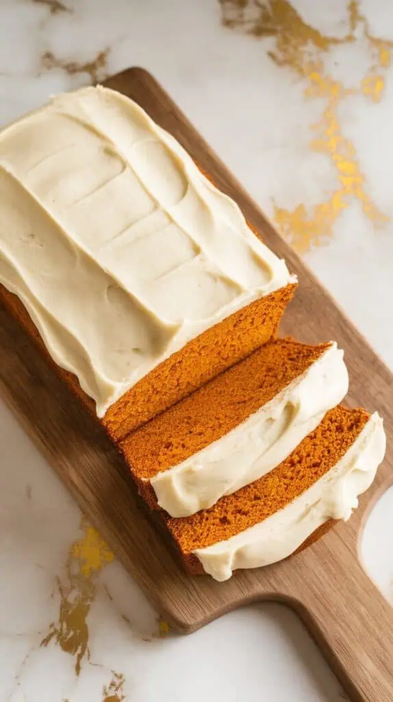 pumpkin bread on a white marble counter with hints of gold, generously frosted with cream cheese frosting and sliced to show moist texture
