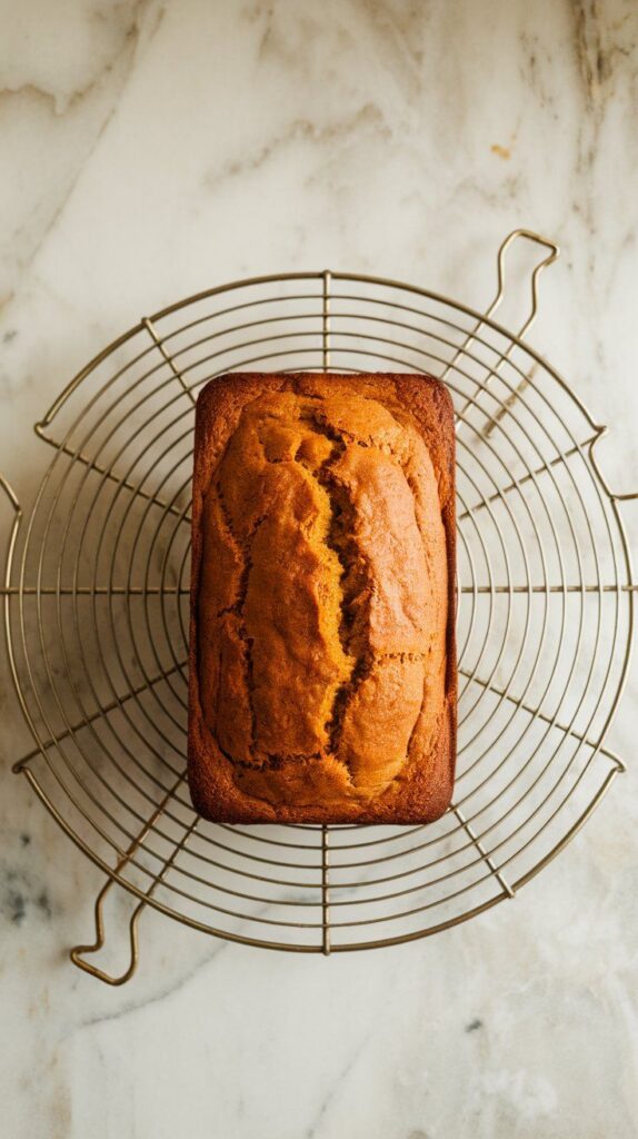 a greased loaf pan filled with pumpkin bread batter, set on a modern stainless steel gas stove