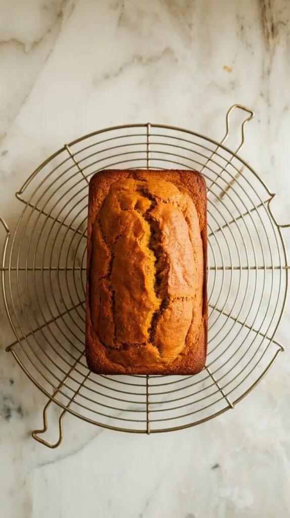 a greased loaf pan filled with pumpkin bread batter, set on a modern stainless steel gas stove