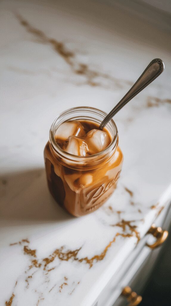 ice cubes being added into the mason jar over the espresso-pumpkin mixture, before shaking, showing the layered textures, set on white marble counters with hints of gold
