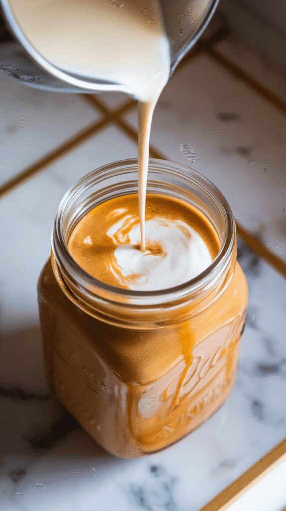 creamy oat milk being poured into the shaken espresso-pumpkin mixture, creating light swirls and frothy layers inside the mason jar, set on white marble counters with hints of gold