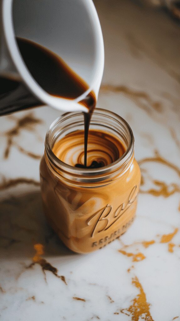 dark espresso being poured into the pumpkin-spice base inside the mason jar, forming swirls of color, set on white marble counters with hints of gold