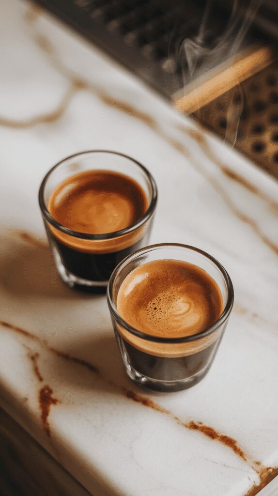  shots freshly brewed espresso in a small glass cup, steam just starting to fade, dark and rich in color, resting on a white marble counter with hints of gold,