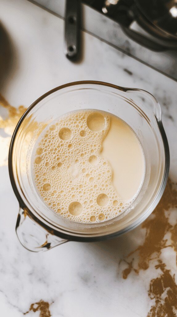 warm milk, yeast, and sugar in a glass mixing bowl, bubbles forming on the surface, on a white marble counter with hints of gold