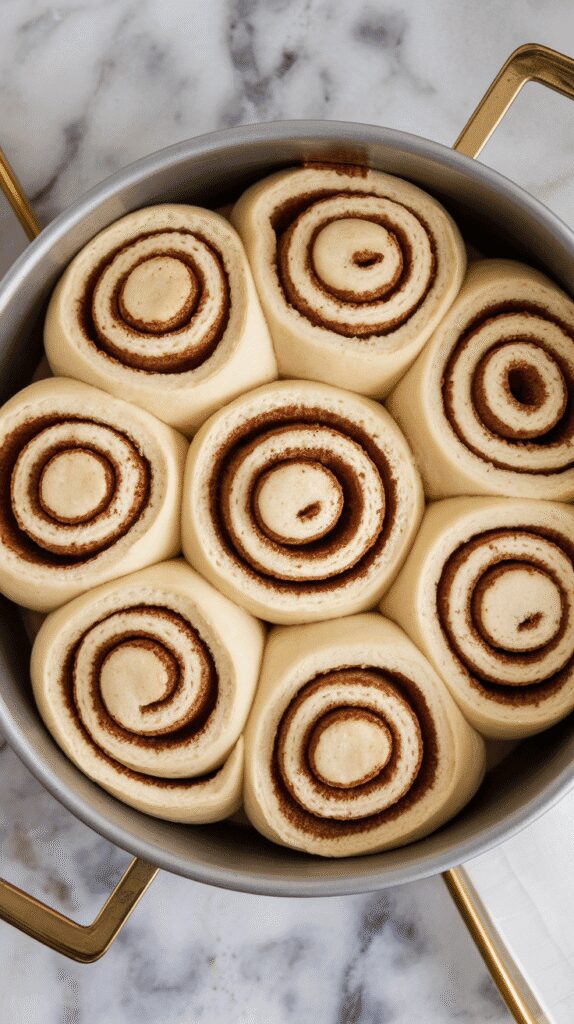 raw cinnamon rolls arranged in a baking dish, spirals clearly visible, puffed slightly after rising, on a white marble counter with hints of gold