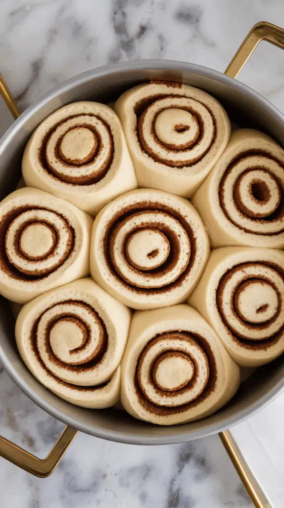raw cinnamon rolls arranged in a baking dish, spirals clearly visible, puffed slightly after rising, on a white marble counter with hints of gold