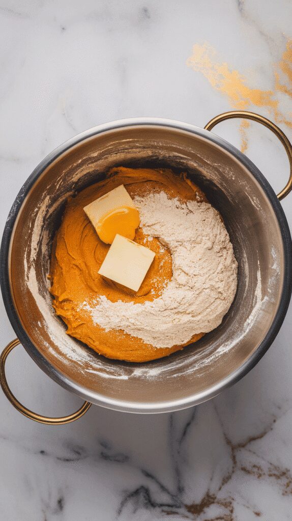 pumpkin puree, melted butter, and egg being mixed into yeast mixture, then flour being added gradually, forming a soft dough