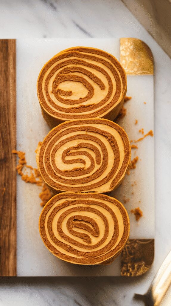 dough rectangle spread with pumpkin-chai filling, being rolled tightly into a log and sliced with a knife into thick spirals, on a white marble counter with hints of gold,