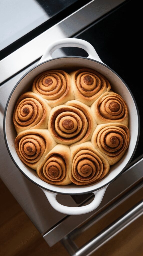  golden brown cinnamon rolls fresh from the oven, soft spirals with slightly crisp edges, in a white ceramic baking dish