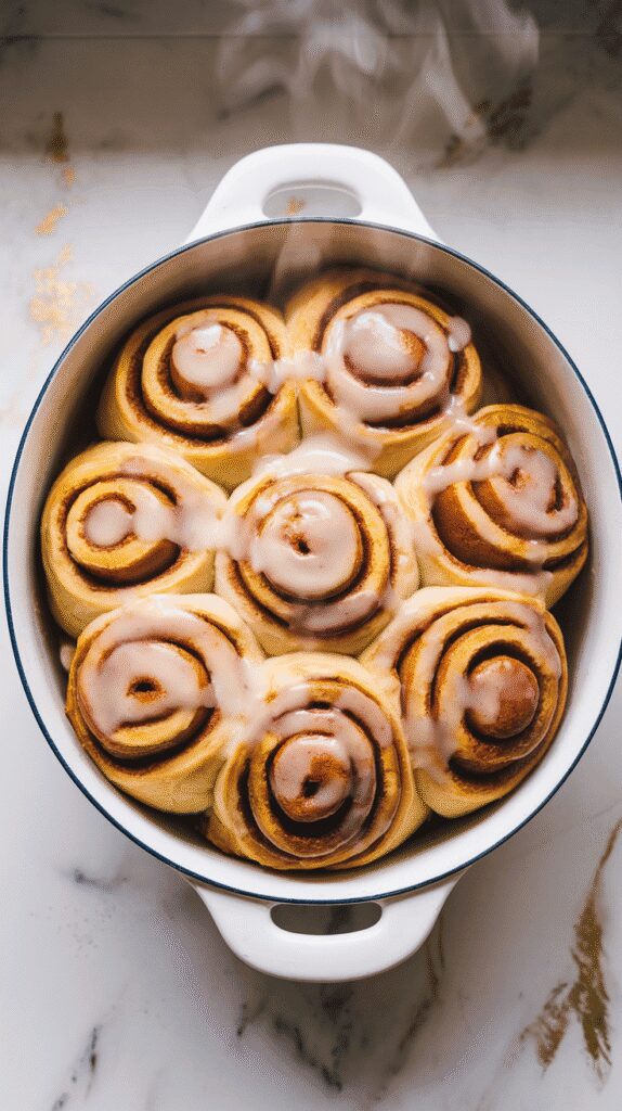 baked pumpkin chai cinnamon rolls drizzled with creamy glaze, steam rising, in a white ceramic dish