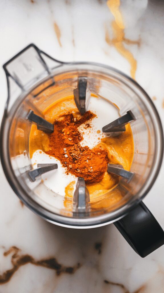  a blender jar filled with pumpkin puree, milk, maple syrup, cinnamon, chili powder, cayenne, and salt blending into a creamy orange mixture