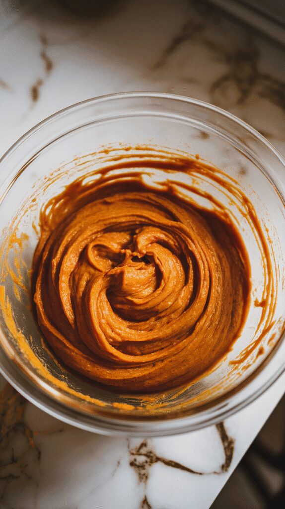 thick pumpkin muffin batter being gently folded together, streaks of orange still visible, in a glass mixing bowl