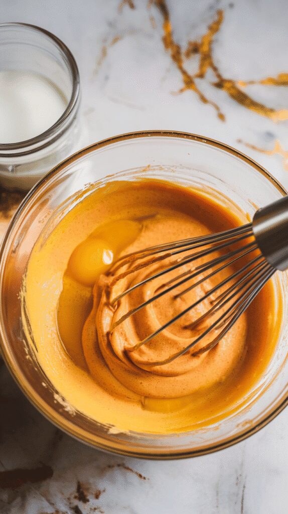 pumpkin puree, eggs, vegetable oil, milk, and vanilla being whisked into a creamy orange mixture in a glass bowl