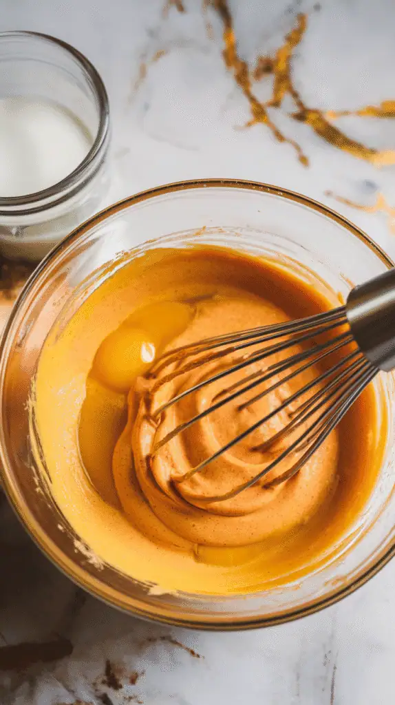 pumpkin puree, eggs, vegetable oil, milk, and vanilla being whisked into a creamy orange mixture in a glass bowl