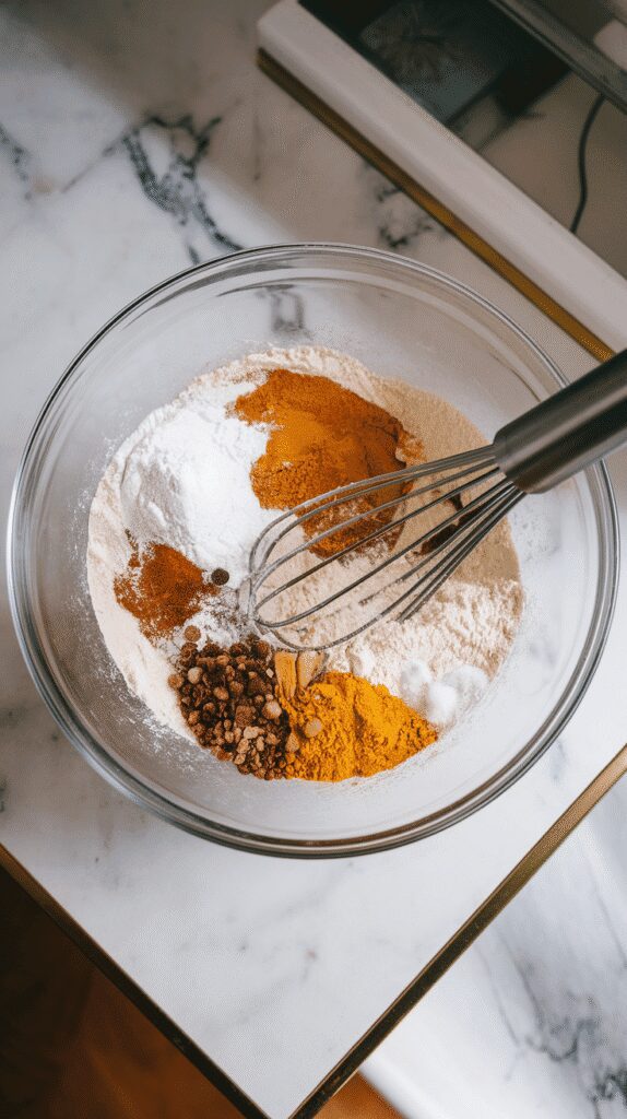  flour, sugars, baking soda, baking powder, salt, and spices being whisked together in a large glass bowl,