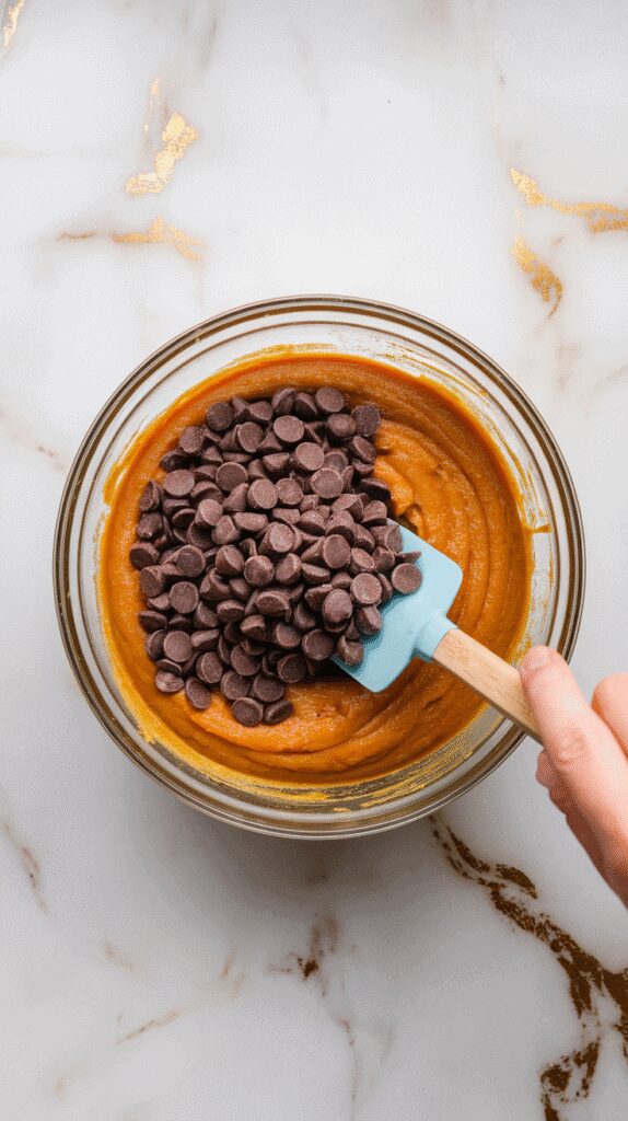 chocolate chips being folded into pumpkin muffin batter with a spatula, chips evenly distributed, on a white marble counter with hints of gold,