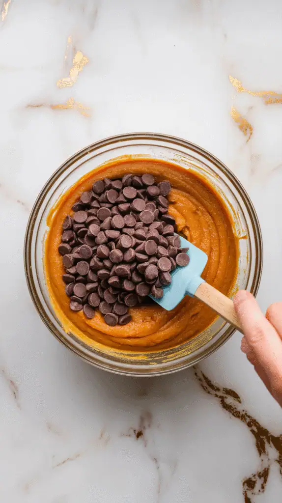 chocolate chips being folded into pumpkin muffin batter with a spatula, chips evenly distributed, on a white marble counter with hints of gold,