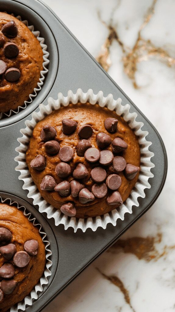 pumpkin chocolate muffin batter in paper-lined muffin tin, with extra chocolate chips sprinkled on top, on a white marble counter with hints of gold