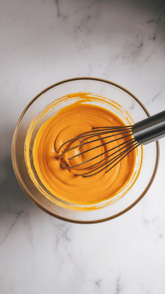 pumpkin puree, sugars, oil, eggs, milk, and vanilla being whisked into a smooth orange mixture in a glass bowl,
