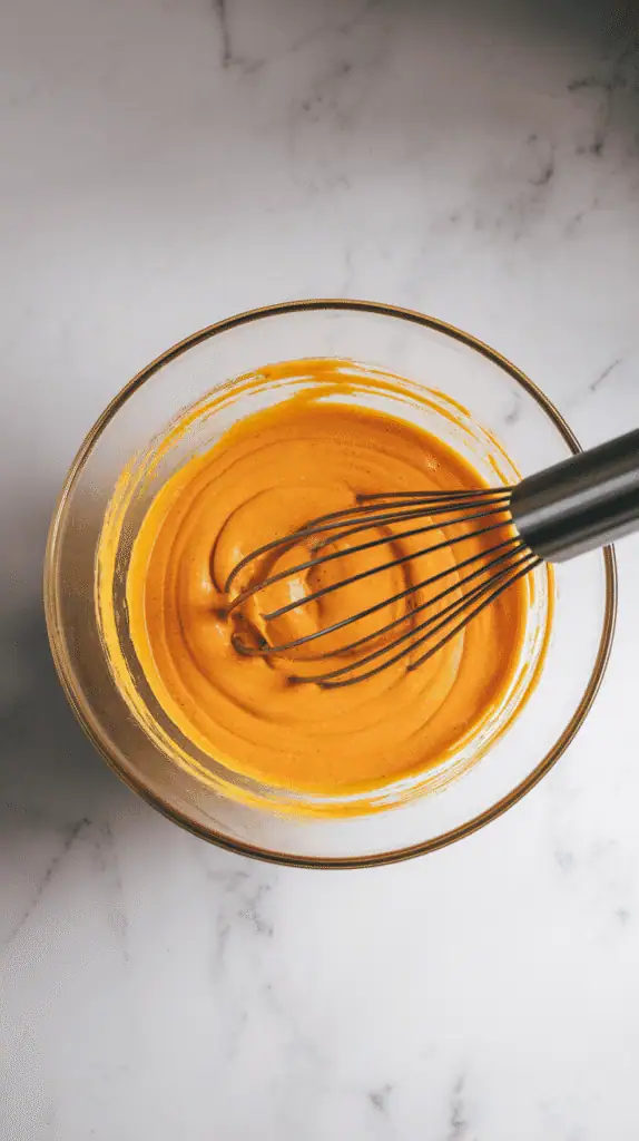 pumpkin puree, sugars, oil, eggs, milk, and vanilla being whisked into a smooth orange mixture in a glass bowl,