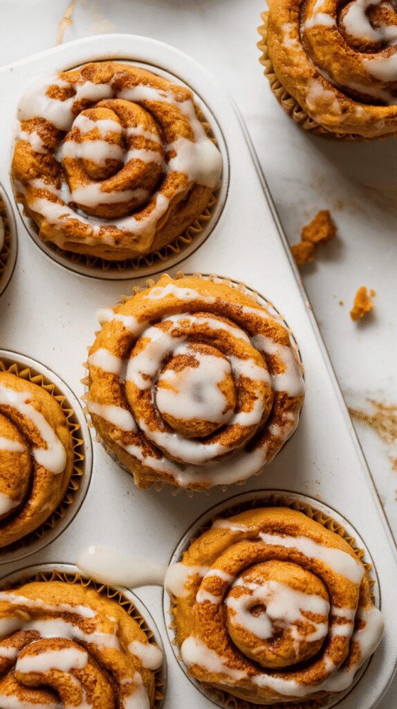 pumpkin cinnamon roll muffins drizzled with creamy glaze, glaze pooling slightly in the swirls, muffins arranged on a white plate