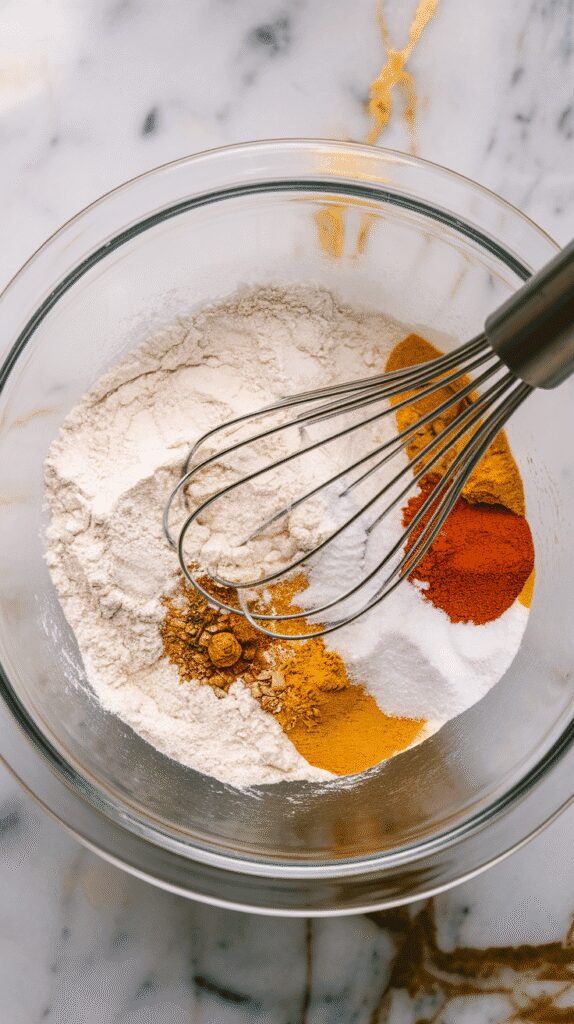 lour, baking powder, baking soda, salt, and spices being whisked together in a large glass mixing bowl