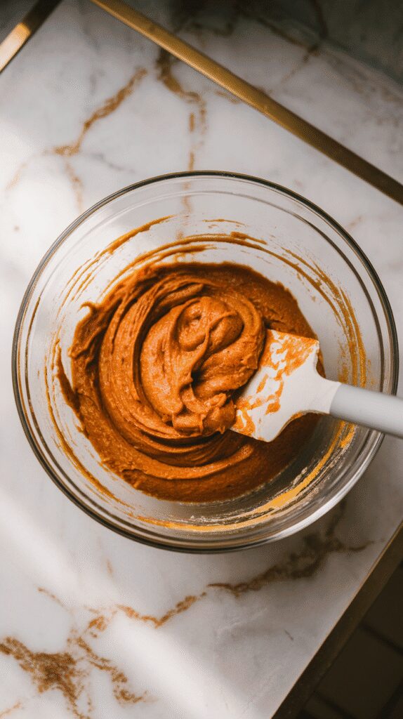 pumpkin muffin batter being gently folded together with a spatula, streaks of flour still visible, in a glass mixing bowl