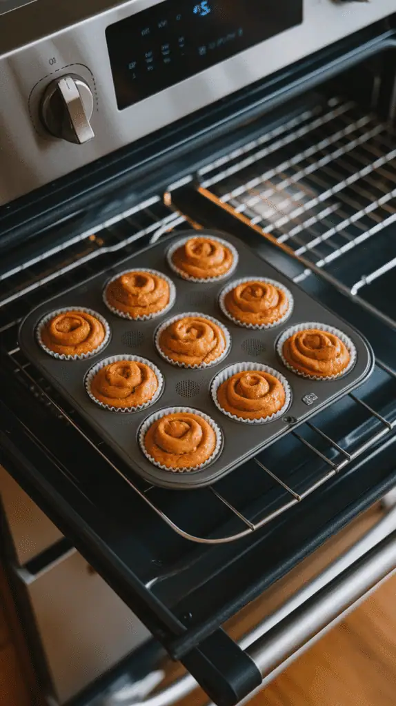 muffin cups with layers of pumpkin batter and cinnamon swirl, some swirled with a toothpick for marbled effect,