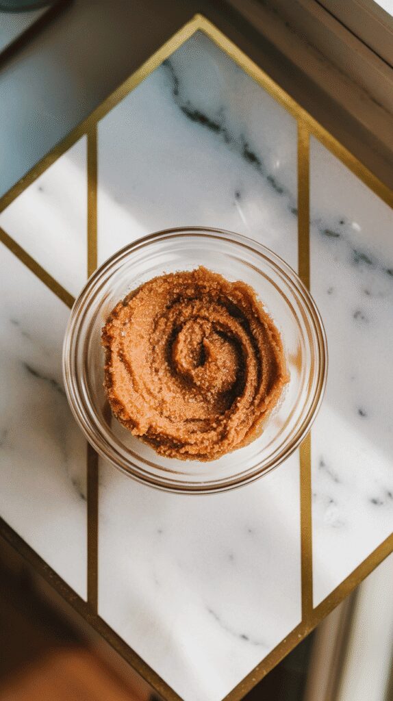 cinnamon sugar mixture with melted butter forming a grainy paste in a small glass bowl, on a white marble counter with hints of gold,