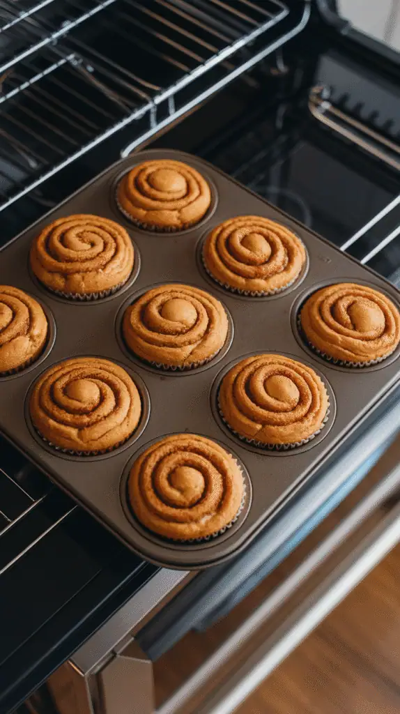 golden pumpkin cinnamon roll muffins fresh from the oven in a muffin tin, cinnamon swirls visible on the surface