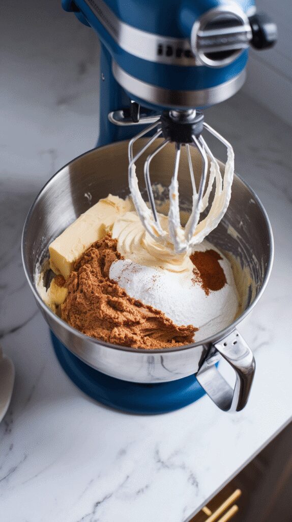  cream cheese, butter, brown sugar, powdered sugar, cinnamon, and vanilla being whipped into a creamy frosting in a stand mixer bowl