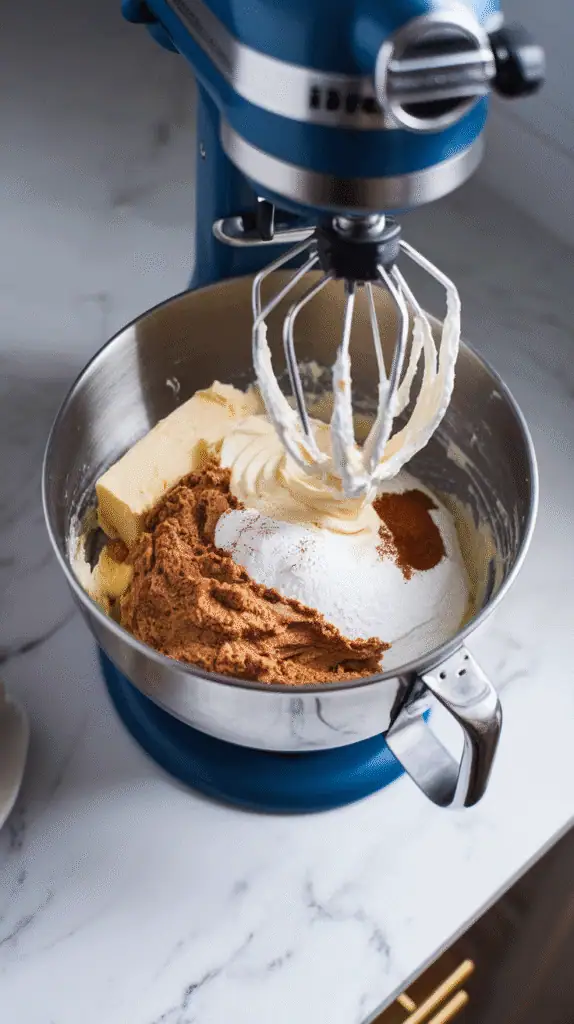  cream cheese, butter, brown sugar, powdered sugar, cinnamon, and vanilla being whipped into a creamy frosting in a stand mixer bowl