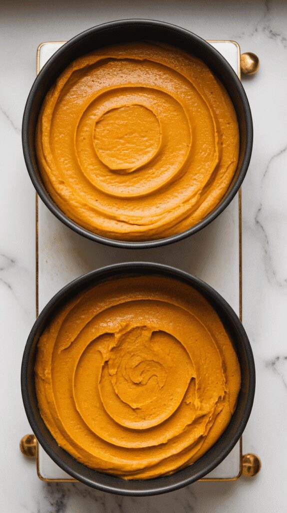 pumpkin cake batter evenly spread in two round pans, ready to go into the oven, on a white marble counter with hints of gold