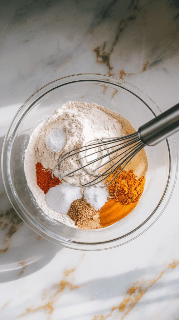  flour, baking powder, baking soda, salt, and spices being whisked together in a large glass bowl, on a white marble counter with hints of gold