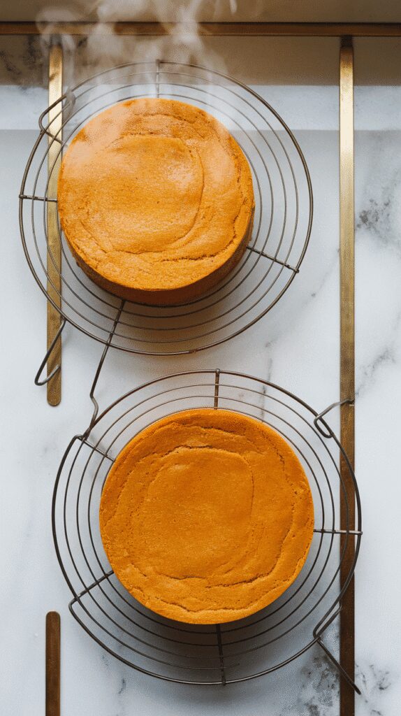 two golden-brown pumpkin cake layers cooling on wire racks, steam still faintly rising, on a white marble counter with hints of gold