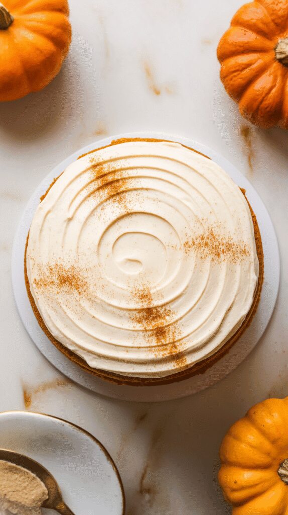 a frosted pumpkin layer cake with smooth brown sugar cinnamon cream cheese frosting, lightly dusted with cinnamon