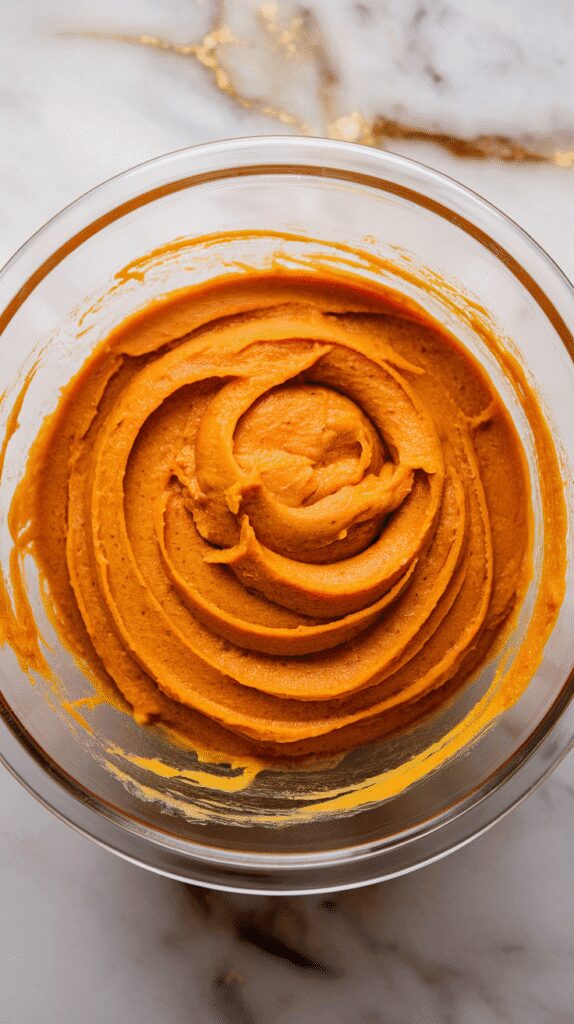 orange pumpkin cake batter being gently folded together, still slightly streaky but mostly smooth, in a glass mixing bowl