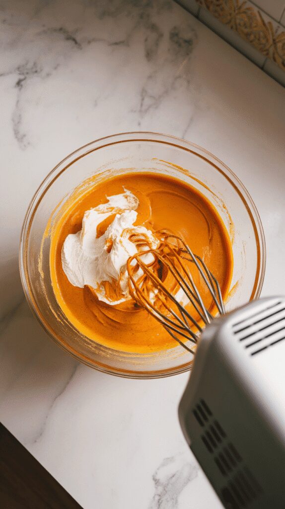pumpkin puree, oil, sugars, eggs, vanilla, and milk being whisked into a creamy mixture in a large glass bowl, on a white marble counter with hints 