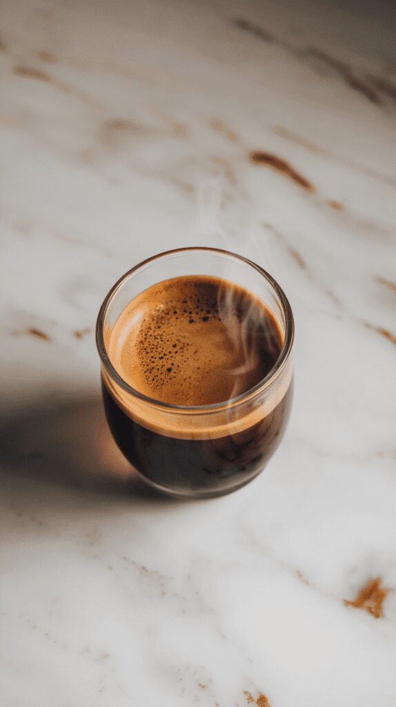 freshly brewed espresso with rich crema on top, sitting in a small cortado glass, dark and velvety, warm steam rising slightly, set on white marble counters with hints of gold, with all-natural lighting